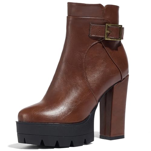 Lizoleor Plateau Runde Zehen Reißverschluss Blockabsatz Damen Stiefeletten Super Höhe Ferse Schnalle Herbst Winter Kleid Stiefeletten Braun Gr 36.5 EU/37Cn von Lizoleor