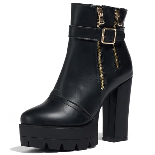 Lizoleor Plateau Runde Zehen Reißverschluss Blockabsatz Damen Stiefeletten Super Höhe Ferse Schnalle Herbst Winter Kleid Stiefeletten Schwarz Gr 36.5 EU/37Cn von Lizoleor