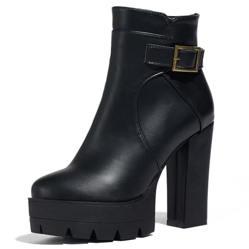 Lizoleor Plateau Runde Zehen Reißverschluss Blockabsatz Damen Stiefeletten Super Höhe Ferse Schnalle Herbst Winter Kleid Stiefeletten Schwarz Gr 37 EU/38Cn von Lizoleor