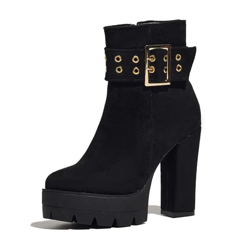 Lizoleor Plateau Runde Zehen Reißverschluss Blockabsatz Damen Stiefeletten Super Höhe Ferse Schnalle Herbst Winter Kleid Stiefeletten Schwarz Gr 40.5 EU/42Cn von Lizoleor