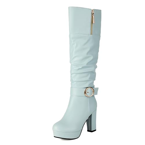 Lizoleor Plateau Side Reißverschluss Blockabsatz Damen Knee Hohe Stiefel Knöchelbündchen Schnalle Runde Zehen Klassische Long Reitstiefel Blau Gr 32 EU von Lizoleor