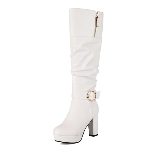 Lizoleor Plateau Side Reißverschluss Blockabsatz Damen Knee Hohe Stiefel Knöchelbündchen Schnalle Runde Zehen Klassische Long Reitstiefel Weiß Gr 36.5 EU/37Cn von Lizoleor