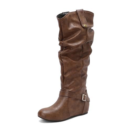 Lizoleor Pleated Interne Erhohen Side Reißverschluss Damen Knee Hohe Stiefel Runde Zehen Keilabsatz Schnalle Klassische Ohne Verschluss Lockere Stiefel Braun Gr 46 EU/48Cn von Lizoleor