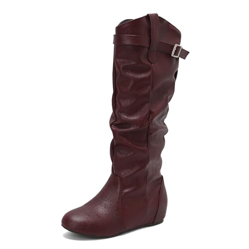 Lizoleor Pleated Interne Erhohen Side Reißverschluss Damen Knee Hohe Stiefel Runde Zehen Keilabsatz Schnalle Klassische Ohne Verschluss Lockere Stiefel Rotwein Gr 42 EU/44Cn von Lizoleor
