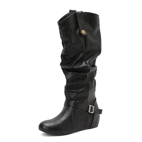 Lizoleor Pleated Interne Erhohen Side Reißverschluss Damen Knee Hohe Stiefel Runde Zehen Keilabsatz Schnalle Klassische Ohne Verschluss Lockere Stiefel Schwarz Gr 47 EU/49Cn von Lizoleor