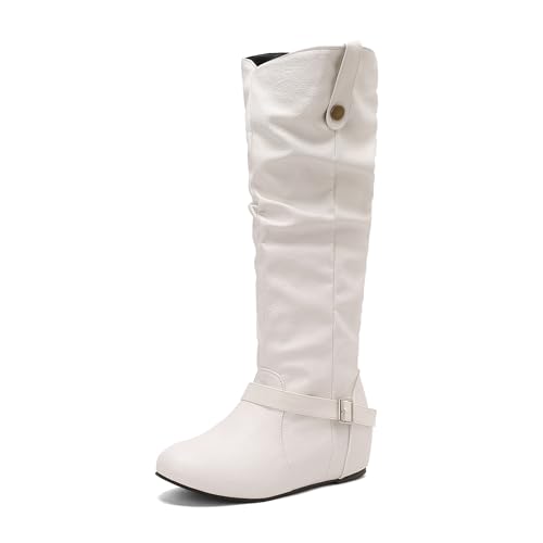 Lizoleor Pleated Interne Erhohen Side Reißverschluss Damen Knee Hohe Stiefel Runde Zehen Keilabsatz Schnalle Klassische Ohne Verschluss Lockere Stiefel Weiß Gr 40 EU/41Cn von Lizoleor