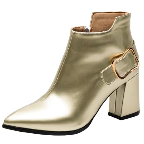 Lizoleor Pointed Toe Blockabsatz Elegant Damänner Ankle Kleid Boots Schnalle Mode Herbst Elegant Hochzeit Stiefeletten Gold Gr 39 EU/40Cn von Lizoleor