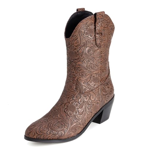 Lizoleor Pointed Toe Blume Ohne Verschluss Damen Halbschaft Cowboystiefel Retro Mid Chunky Heel Weit Calf Winter Stiefeletten Dark-Braun Gr 51 EU/53Cn von Lizoleor
