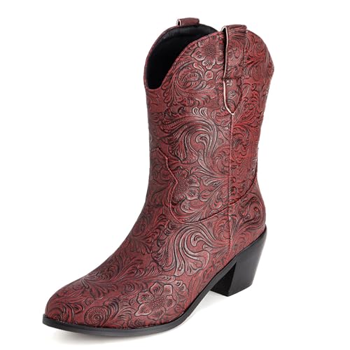 Lizoleor Pointed Toe Blume Ohne Verschluss Damen Halbschaft Cowboystiefel Retro Mid Chunky Heel Weit Calf Winter Stiefeletten Dark-Rot Gr 50 EU/52Cn von Lizoleor