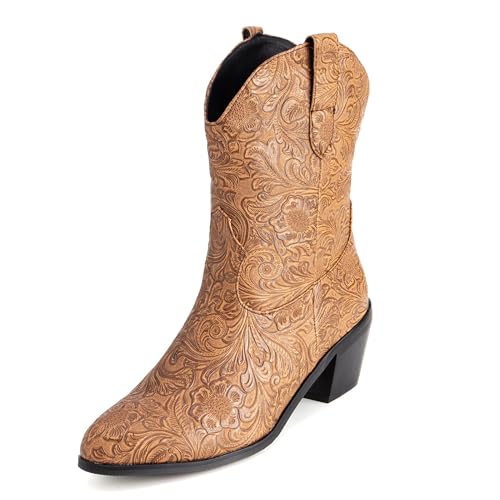 Lizoleor Pointed Toe Blume Ohne Verschluss Damen Halbschaft Cowboystiefel Retro Mid Chunky Heel Weit Calf Winter Stiefeletten Gelb-Braun Gr 48 EU/50Cn von Lizoleor