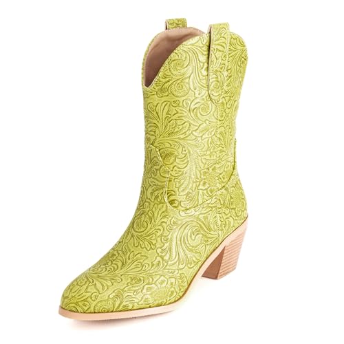 Lizoleor Pointed Toe Blume Ohne Verschluss Damen Halbschaft Cowboystiefel Retro Mid Chunky Heel Weit Calf Winter Stiefeletten Gelb Gr 42 EU/44Cn von Lizoleor