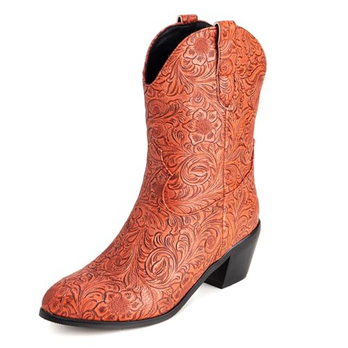 Lizoleor Pointed Toe Blume Ohne Verschluss Damen Halbschaft Cowboystiefel Retro Mid Chunky Heel Weit Calf Winter Stiefeletten Orange Gr 52 EU/54Cn von Lizoleor