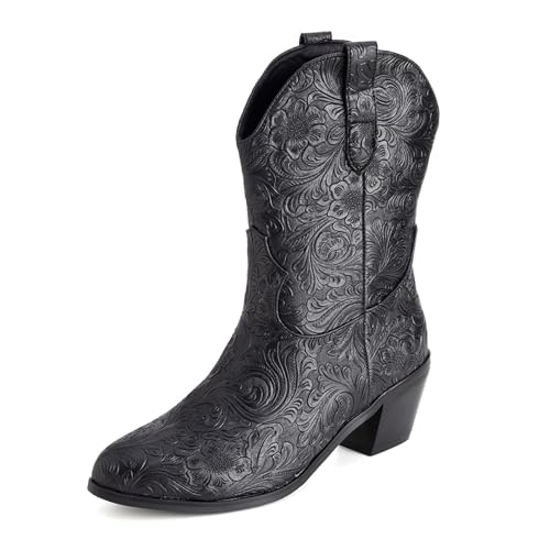 Lizoleor Pointed Toe Blume Ohne Verschluss Damen Halbschaft Cowboystiefel Retro Mid Chunky Heel Weit Calf Winter Stiefeletten Schwarz Gr 50 EU/52Cn von Lizoleor