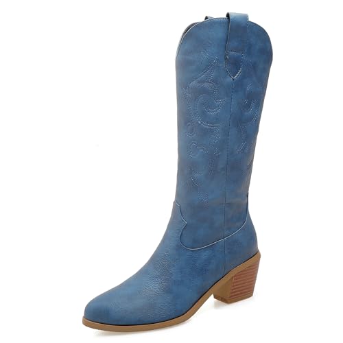 Lizoleor Pointed Toe Chunky Heel Ohne Verschluss Damen Cowboystiefel Klassische Bestickt Mitte Absatz Western Style Long Riding Boot Blau Gr 40.5 EU/42Cn Lizoleor Pointed Toe Chunky Heel Ohne Verschluss Damen Cowboystiefel Klassische Bestickt Mitte Absatz Western Style Long Riding Boot Blau Gr 40.5 EU/42Cn von Lizoleor