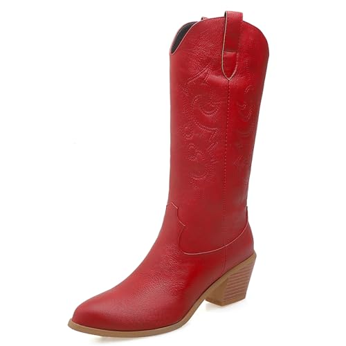 Lizoleor Pointed Toe Chunky Heel Ohne Verschluss Damen Cowboystiefel Klassische Bestickt Mitte Absatz Western Style Long Riding Boot Rot Gr 36 EU Lizoleor Pointed Toe Chunky Heel Ohne Verschluss Damen Cowboystiefel Klassische Bestickt Mitte Absatz Western Style Long Riding Boot Rot Gr 36 EU von Lizoleor