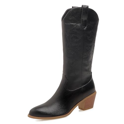 Lizoleor Pointed Toe Chunky Heel Ohne Verschluss Damen Cowboystiefel Klassische Bestickt Mitte Absatz Western Style Long Riding Boot Schwarz Gr 35 EU von Lizoleor
