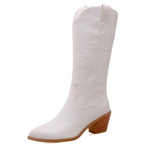 Lizoleor Pointed Toe Chunky Heel Ohne Verschluss Damen Cowboystiefel Klassische Bestickt Mitte Absatz Western Style Long Riding Boot Weiß Gr 40.5 EU/42Cn von Lizoleor