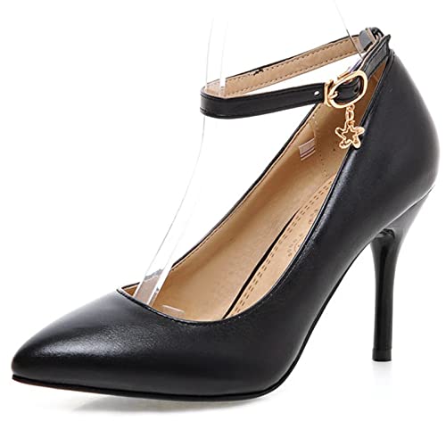 Lizoleor Pointed Toe Heel Bride Knöchelriemchen Kleid Schuhe Formal Hochzeit Stiletto Pumps Elegant Party Schuhe Damen Schwarz Gr 35 EU von Lizoleor