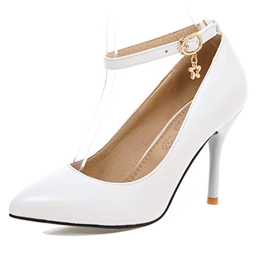 Lizoleor Pointed Toe Heel Bride Knöchelriemchen Kleid Schuhe Formal Hochzeit Stiletto Pumps Elegant Party Schuhe Damen Weiß Gr 38 EU/39Cn von Lizoleor