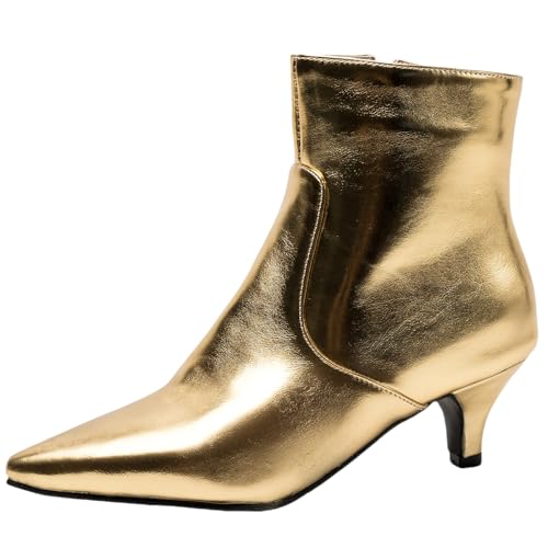Lizoleor Pointed Toe Kitten Heel Damänner Ankle Kleid Boots Klassischer Mitte Absatz Back Reißverschluss Hochzeit Party Elegant Stiefeletten Gold Gr 38 EU/39Cn von Lizoleor