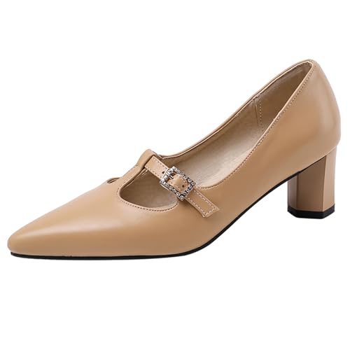 Lizoleor Pointed Toe Leisure Blockabsatz Damen Pump Knöchelriemchen Mary Jane Concise Mid Chunky Heel Business Schuhe Gelb Gr 40.5 EU/42Cn von Lizoleor