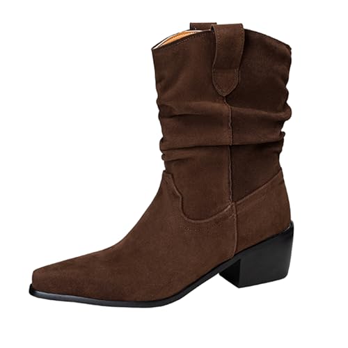 Lizoleor Pointed Toe Pleated Ohne Verschluss Damen Stiefeletten Chunky Heel Wildleder Shiny Mode Warm Kurz Cowboystiefel Braun Gr 36 EU von Lizoleor