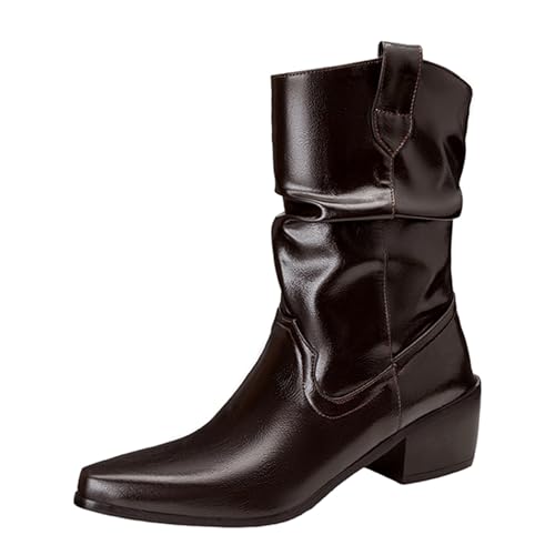 Lizoleor Pointed Toe Pleated Ohne Verschluss Damen Stiefeletten Chunky Heel Wildleder Shiny Mode Warm Kurz Cowboystiefel Braun Gr 41 EU/43Cn von Lizoleor
