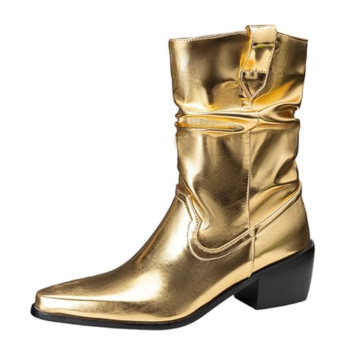 Lizoleor Pointed Toe Pleated Ohne Verschluss Damen Stiefeletten Chunky Heel Wildleder Shiny Mode Warm Kurz Cowboystiefel Gold Gr 36.5 EU/37Cn von Lizoleor