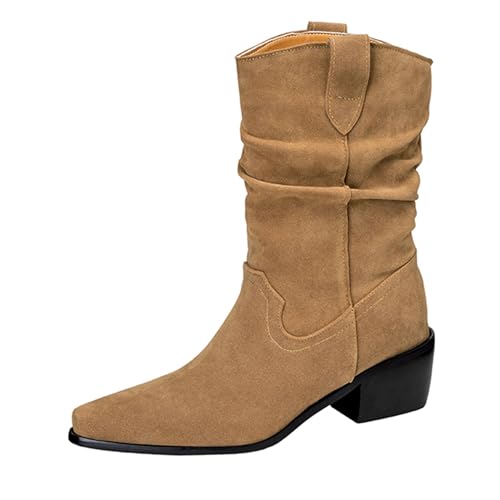 Lizoleor Pointed Toe Pleated Ohne Verschluss Damen Stiefeletten Chunky Heel Wildleder Shiny Mode Warm Kurz Cowboystiefel Khaki Gr 32 EU von Lizoleor