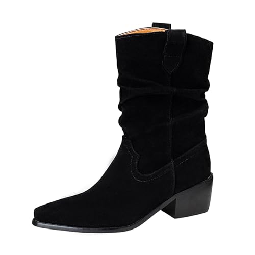 Lizoleor Pointed Toe Pleated Ohne Verschluss Damen Stiefeletten Chunky Heel Wildleder Shiny Mode Warm Kurz Cowboystiefel Schwarz Gr 36.5 EU/37Cn von Lizoleor