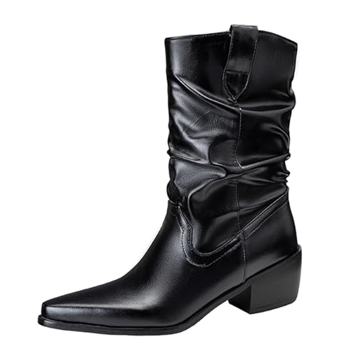 Lizoleor Pointed Toe Pleated Ohne Verschluss Damen Stiefeletten Chunky Heel Wildleder Shiny Mode Warm Kurz Cowboystiefel Schwarz Gr 44 EU/46Cn von Lizoleor