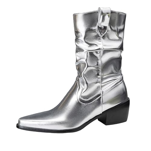 Lizoleor Pointed Toe Pleated Ohne Verschluss Damen Stiefeletten Chunky Heel Wildleder Shiny Mode Warm Kurz Cowboystiefel Silber Gr 46 EU/48Cn von Lizoleor