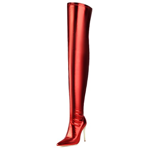 Lizoleor Pointed Toe Side Reißverschluss Stiletto Damen Overknee-Stiefel Elegant Solid Color Super Höhe Ferse Long Anzugstiefel Rot Gr 43 EU/45Cn von Lizoleor