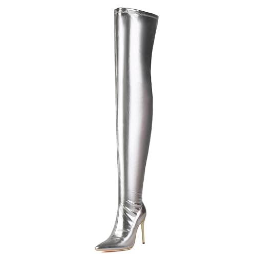 Lizoleor Pointed Toe Side Reißverschluss Stiletto Damen Overknee-Stiefel Elegant Solid Color Super Höhe Ferse Long Anzugstiefel Silber Gr 40.5 EU/42Cn von Lizoleor