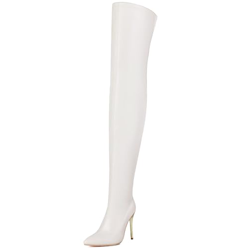 Lizoleor Pointed Toe Side Reißverschluss Stiletto Damen Overknee-Stiefel Elegant Solid Color Super Höhe Ferse Long Anzugstiefel Weiß Gr 42 EU/44Cn von Lizoleor
