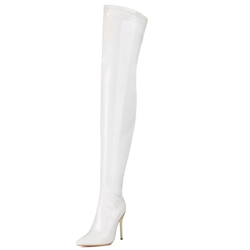 Lizoleor Pointed Toe Side Reißverschluss Stiletto Damen Overknee-Stiefel Elegant Solid Color Super Höhe Ferse Long Anzugstiefel Weiß Gr 45 EU/47Cn von Lizoleor