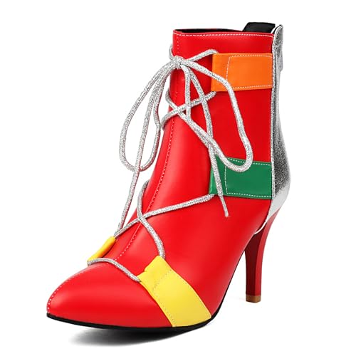 Lizoleor Pointed Toe Stiefel Back Reißverschluss Damen Herbst Anzugstiefel Stiletto Schnüren Mixed Color Hochzeit Cross Strap Stiefeletten Rot Gr 36.5 EU/37Cn von Lizoleor