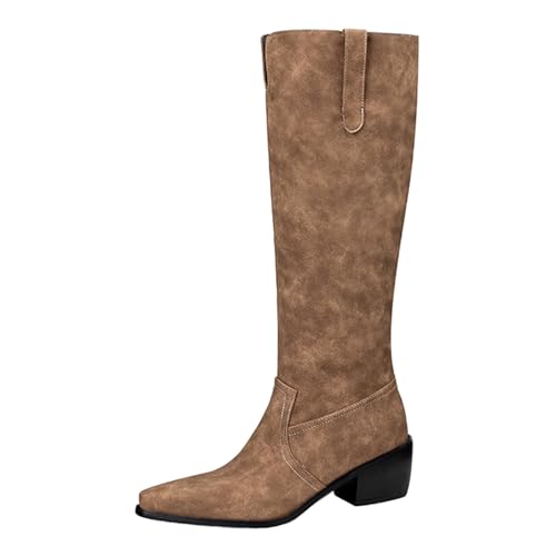 Lizoleor Retro Blockabsatz Ohne Verschluss Pointed Toe Damen Knee Hohe Stiefel Concise Mid Chunky Heel Weit Calf Long Reitstiefel Braun Gr 34 EU von Lizoleor