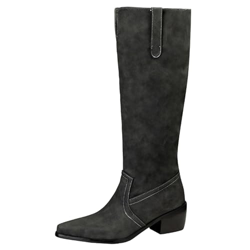 Lizoleor Retro Blockabsatz Ohne Verschluss Pointed Toe Damen Knee Hohe Stiefel Concise Mid Chunky Heel Weit Calf Long Reitstiefel Schwarz Gr 39 EU/40Cn von Lizoleor