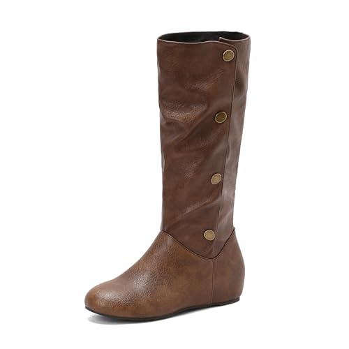 Lizoleor Retro Buttons Interne Erhohen Damen Knee Hohe Stiefel Runde Zehen Keilabsatz Concise Klassische Long Reitstiefel Braun Gr 40.5 EU/42Cn von Lizoleor
