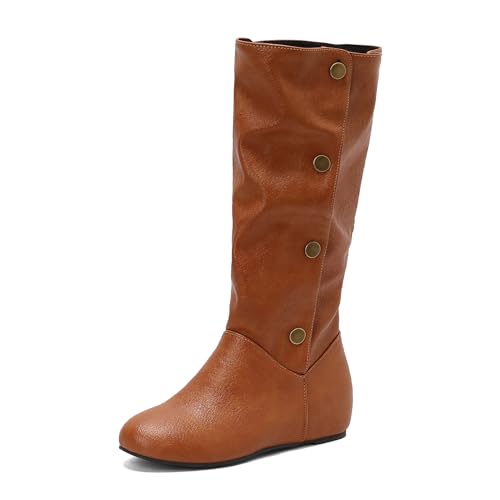 Lizoleor Retro Buttons Interne Erhohen Damen Knee Hohe Stiefel Runde Zehen Keilabsatz Concise Klassische Long Reitstiefel Gelb Gr 48 EU/50Cn von Lizoleor