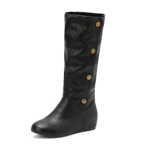 Lizoleor Retro Buttons Interne Erhohen Damen Knee Hohe Stiefel Runde Zehen Keilabsatz Concise Klassische Long Reitstiefel Schwarz Gr 40.5 EU/42Cn von Lizoleor