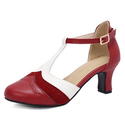 Lizoleor Retro Kitten Heel Mixed Toe Schnalle Damensandalen Runde Zehen Concise Knöchelriemchen Klassische Sommer Mary Jane Rotwein Gr 44 EU/46Cn von Lizoleor