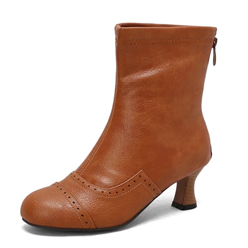 Lizoleor Retro Kitten Heel Runde Zehen Back Reißverschluss Damen Stiefeletten Klassische Komfort Mitte Absatz Brogue Kurz Kleid Stiefeletten Gelb Gr 45 EU/47Cn von Lizoleor