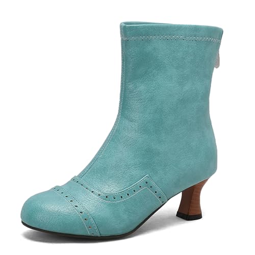 Lizoleor Retro Kitten Heel Runde Zehen Back Reißverschluss Damen Stiefeletten Klassische Komfort Mitte Absatz Brogue Kurz Kleid Stiefeletten Grün Gr 43 EU/45Cn von Lizoleor
