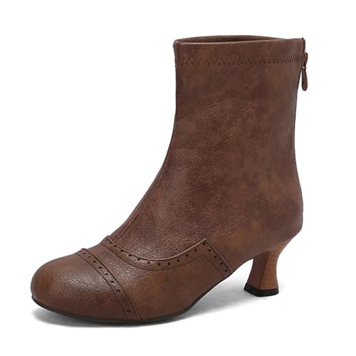 Lizoleor Retro Kitten Heel Runde Zehen Back Reißverschluss Damen Stiefeletten Klassische Komfort Mitte Absatz Brogue Kurz Kleid Stiefeletten Kaffee Gr 36.5 EU/37Cn von Lizoleor