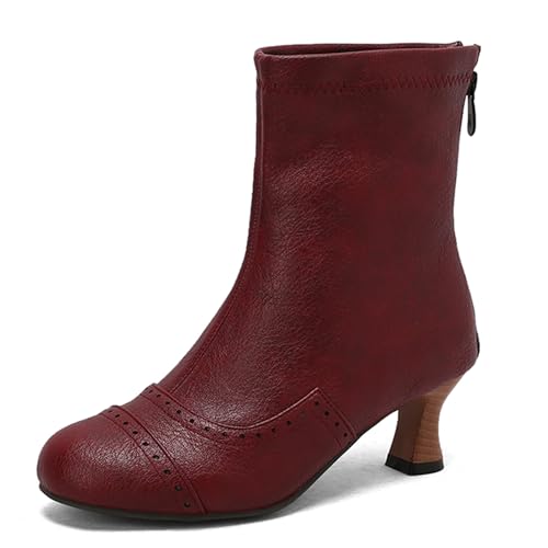 Lizoleor Retro Kitten Heel Runde Zehen Back Reißverschluss Damen Stiefeletten Klassische Komfort Mitte Absatz Brogue Kurz Kleid Stiefeletten Rotwein Gr 40 EU/41Cn von Lizoleor