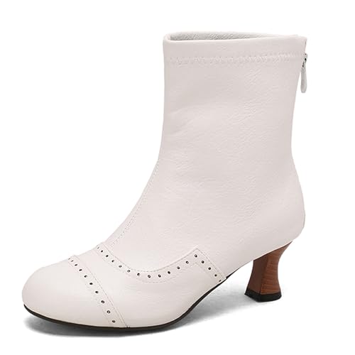 Lizoleor Retro Kitten Heel Runde Zehen Back Reißverschluss Damen Stiefeletten Klassische Komfort Mitte Absatz Brogue Kurz Kleid Stiefeletten Weiß Gr 44 EU/46Cn von Lizoleor