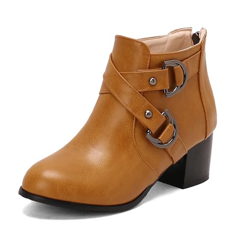 Lizoleor Runde Zehen Back Reißverschluss Blockabsatz Damen Stiefeletten Leisure Mitte Absatz Herbst Schnalle Warm Kurz Winter Stiefeletten Gelb-Lm Gr 40.5 EU/42Cn von Lizoleor