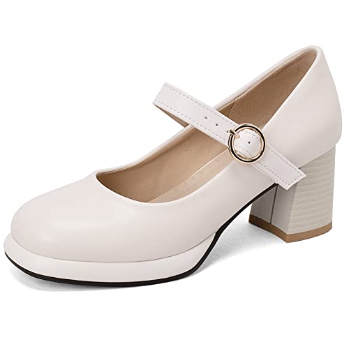 Lizoleor Runde Zehen Blockabsatz Damen Knöchelriemchen Mary Jane Schuhe Comfy Bridal Party Plateau Pumps Sweet Beige Gr 40 EU/41Cn von Lizoleor